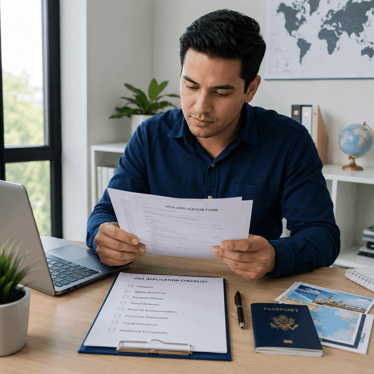 Reviewing a visa application at a desk